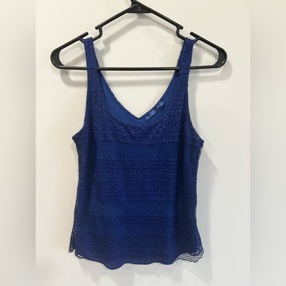 Blue lace overlay tank, scoop neck front and V back